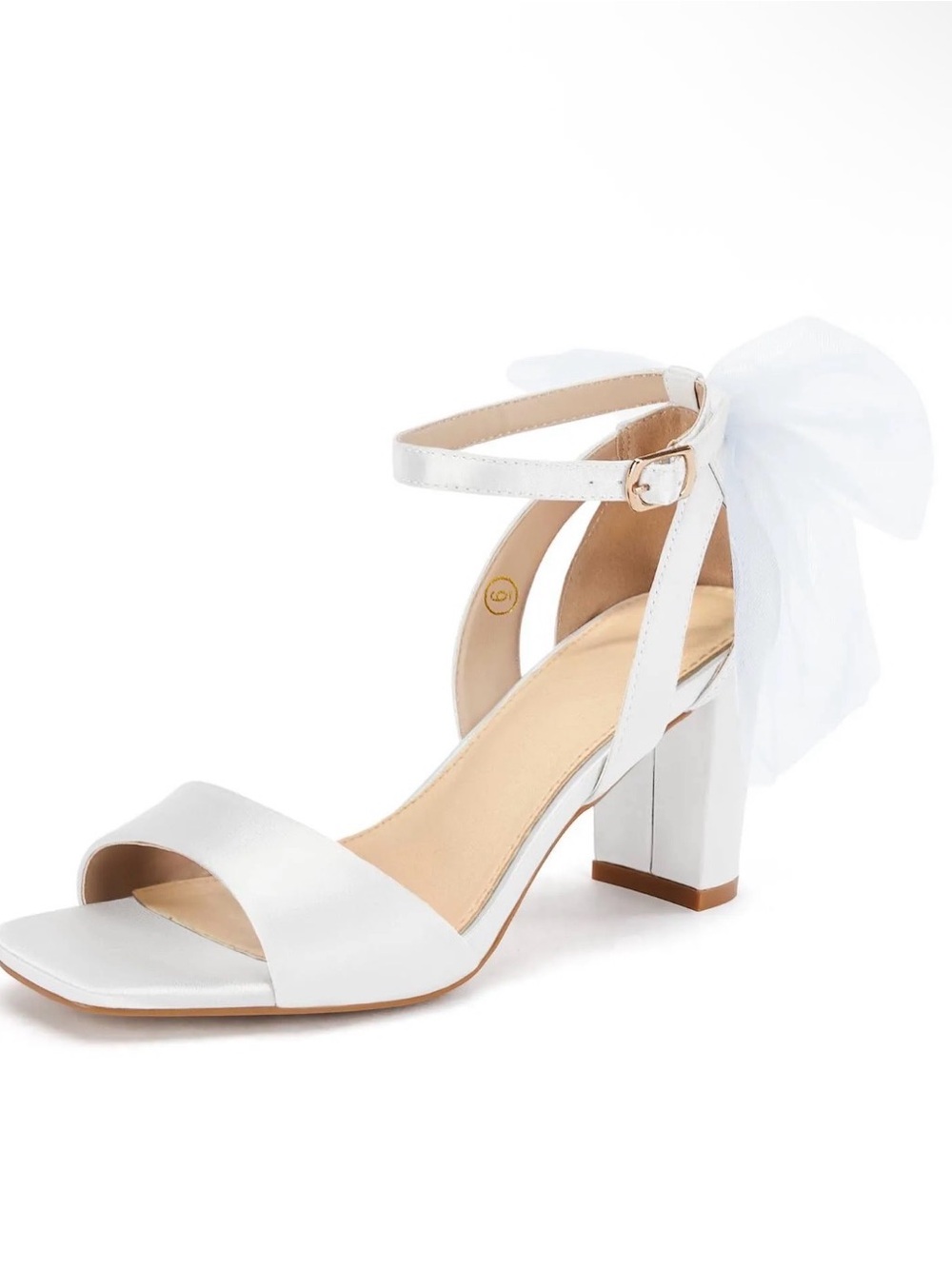 21S White Satin Ankle-Strap Block Heel Sandals with Bow